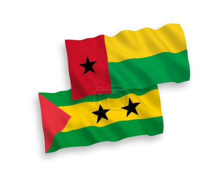 Illustration for National vector fabric wave flags of Saint Thomas and Prince and Republic of Guinea Bissau isolated on white background. 1 to 2 proportion. - Royalty Free Image