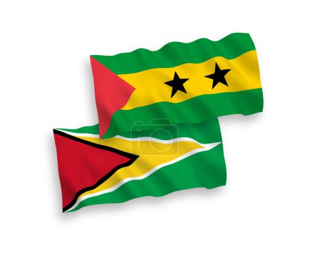 Illustration for National vector fabric wave flags of Saint Thomas and Prince and Co-operative Republic of Guyana isolated on white background. 1 to 2 proportion. - Royalty Free Image