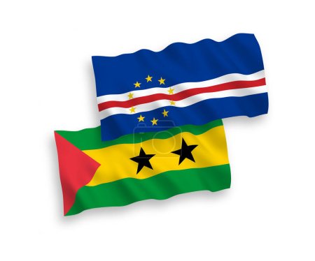 Ilustración de National vector fabric wave flags of Saint Thomas and Prince and Republic of Cabo Verde isolated on white background. 1 to 2 proportion. - Imagen libre de derechos