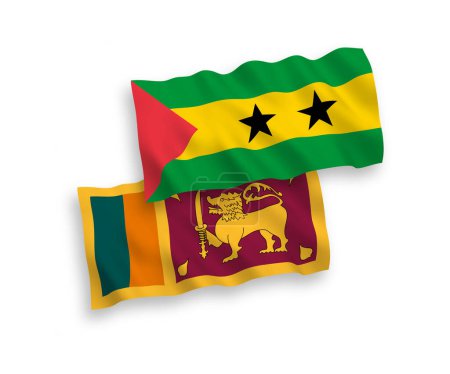 Illustration for National vector fabric wave flags of Saint Thomas and Prince and Democratic Socialist Republic of Sri Lanka isolated on white background. 1 to 2 proportion. - Royalty Free Image