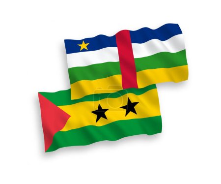 Illustration for National vector fabric wave flags of Saint Thomas and Prince and Central African Republic isolated on white background. 1 to 2 proportion. - Royalty Free Image