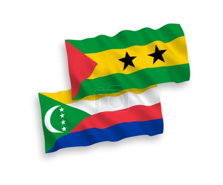 Téléchargez les illustrations : National vector fabric wave flags of Saint Thomas and Prince and Union of the Comoros isolated on white background. 1 to 2 proportion. - en licence libre de droit