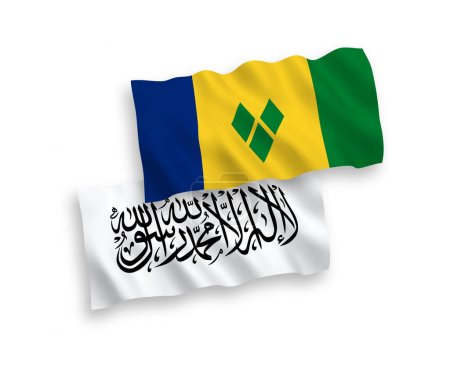 Illustration for National vector fabric wave flags of Saint Vincent and the Grenadines and Islamic Emirate of Afghanistan isolated on white background. 1 to 2 proportion. - Royalty Free Image