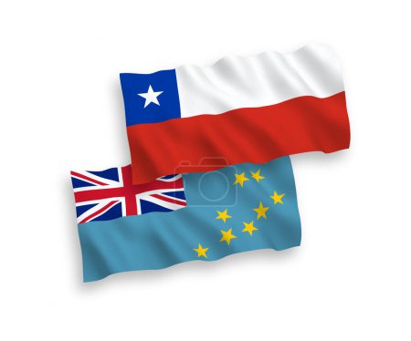 National vector fabric wave flags of Tuvalu and Chile isolated on white background. 1 to 2 proportion.