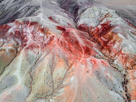 Red colorful mountains in canyon. Kyzyl-Chin valley in Altai, Siberia, Russia. Aerial top down view. Abstract nature background