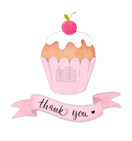 Aquarell-Cupcake mit Kirsche, mit dem Dankeschön-Schriftzug auf rosa Schleife. Diese entzückende Aquarell-Illustration zeigt einen wunderschön dekorierten Cupcake mit einer Kirsche, begleitet von einer rosafarbenen Schleife mit "Danke" -Schriftzug..