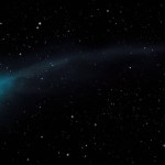 Illustration of a bright green comet flying in space