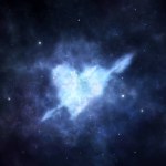 Illustration of a cosmic nebula in the shape of a heart with an arrow