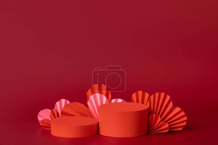 Photo for Mock up podium stage or pedestal and paper hearts. Red decorations to Valentines day for your products. - Royalty Free Image