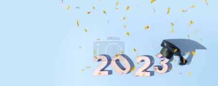Photo for Class of 2023 concept. Numbers 2023 with black graduated cap on colored background. - Royalty Free Image