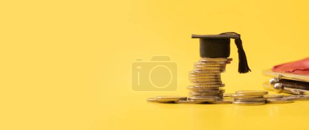 Photo for Banner with graduated cap with coins on yellow background. Savings for education concept. - Royalty Free Image