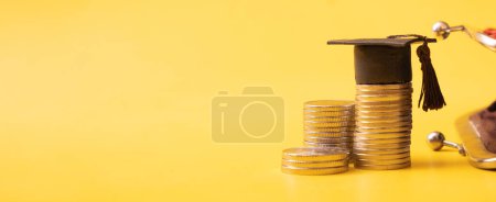 Photo for Banner with graduated cap with coins ant wallet on yellow background. Savings for education concept. - Royalty Free Image