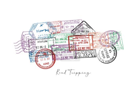 Car made from a passport stamps different countries with lettering road tripping poster