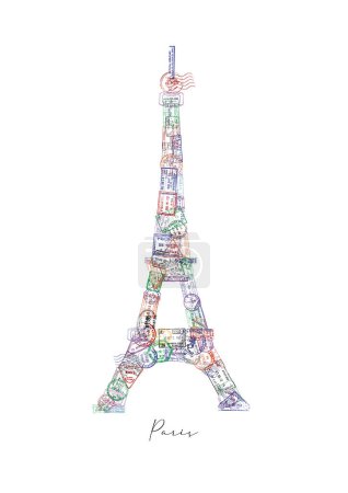 Eiffel tower made from a passport stamps different countries with lettering Paris poster