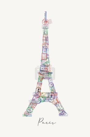 Tour Eiffel réalisée à partir d'un passeport timbres différents pays avec lettrage style affiche Paris