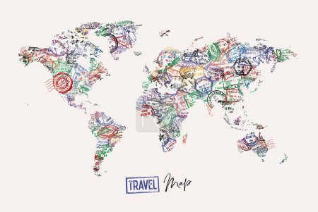 Téléchargez les illustrations : Carte du monde de voyage faite à partir d'un passeport timbres différents pays style affiche - en licence libre de droit