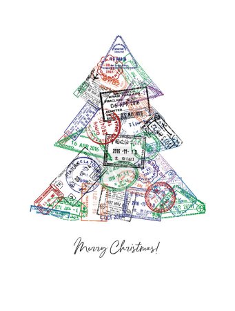 Téléchargez les illustrations : Arbre de Noël fabriqué à partir d'un passeport timbres différents pays style affiche - en licence libre de droit