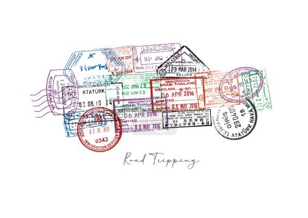 Ilustración de Coche hecho de un pasaporte sellos de diferentes países con letras de viaje por carretera cartel - Imagen libre de derechos