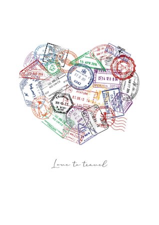 Ilustración de Corazón hecho de un pasaporte sellos diferentes países con letras amor a cartel de viaje - Imagen libre de derechos