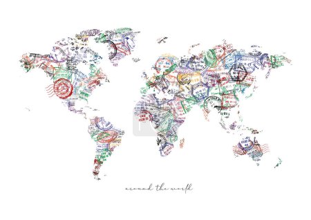 Ilustración de Mapa del mundo de viajes hecho de un pasaporte sellos diferentes países con letras alrededor del mundo cartel - Imagen libre de derechos