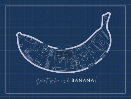 Illustration for Construction drawing in banana silhouette, living room, bathroom, kitchen, bedroom with lettering want to live inside drawing on blue background. - Royalty Free Image