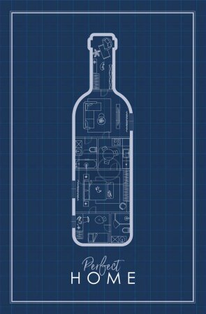 Illustration for Construction drawing in wine bottle silhouette, living room, bathroom, kitchen, bedroom with lettering perfect home drawing on blue background. - Royalty Free Image
