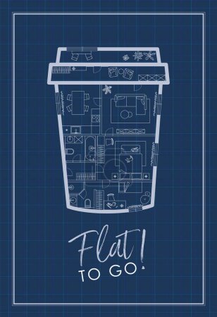 Illustration for Construction drawing in to go cup of coffee silhouette, living room, bathroom, kitchen, bedroom with lettering flat drawing on blue background. - Royalty Free Image