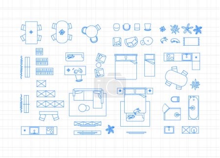 Illustration for Construction drawing furniture icons for living room, bathroom, kitchen, bedroom drawing on light background. - Royalty Free Image