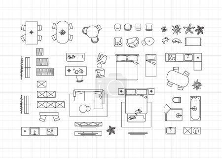 Illustration for Construction drawing furniture icons for living room, bathroom, kitchen, bedroom drawing on white background. - Royalty Free Image