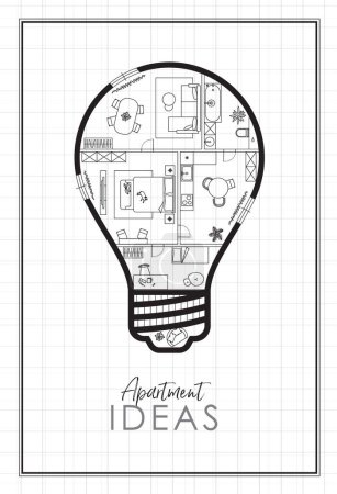 Illustration for Construction drawing in lightbulb silhouette, living room, bathroom, kitchen, bedroom with lettering apartment ideas drawing on white background. - Royalty Free Image