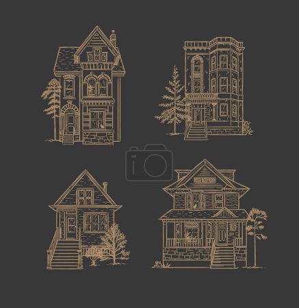 Illustration for Victorian houses drawing in old fashioned vintage style on brown background. - Royalty Free Image