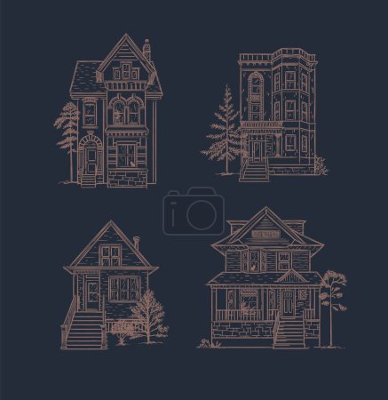 Illustration for Victorian houses drawing in old fashioned vintage style on dark background. - Royalty Free Image