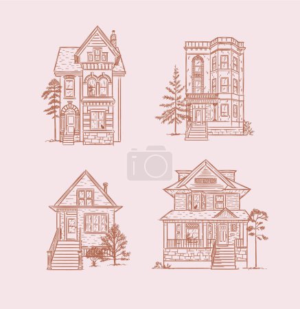 Ilustración de Victorian houses drawing in old fashioned vintage style on pink background. - Imagen libre de derechos