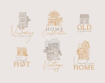 Téléchargez les illustrations : Victorian houses with lettering drawing in old fashioned vintage style on beige background. - en licence libre de droit