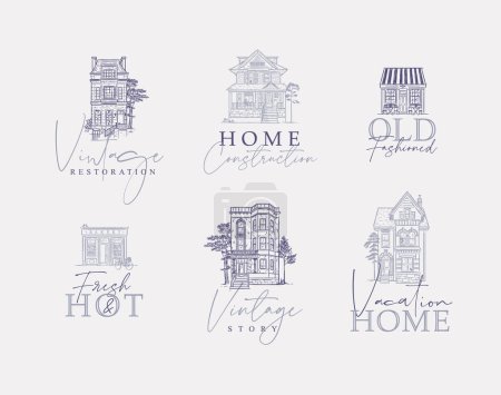 Téléchargez les illustrations : Victorian houses with lettering drawing in old fashioned vintage style on gray background. - en licence libre de droit