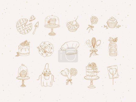 Téléchargez les illustrations : Bakery desserts and kitchen appliances in hand drawing style on beige background. - en licence libre de droit