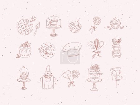 Bakery desserts and kitchen appliances in hand drawing style on peach background.