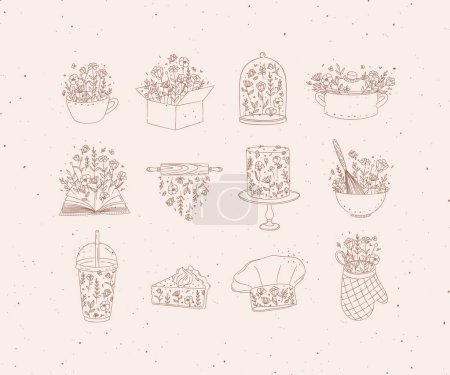 Téléchargez les illustrations : Sweets cooking appliances with flowers in hand drawing style on coffee background - en licence libre de droit