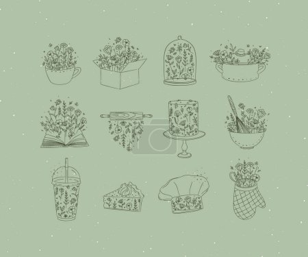Téléchargez les illustrations : Sweets cooking appliances with flowers in hand drawing style on green background - en licence libre de droit