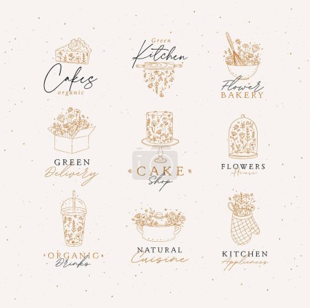 Téléchargez les illustrations : Sweets cooking appliances labels with flowers and lettering in hand drawing style on beige background - en licence libre de droit