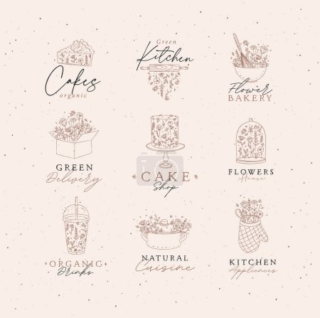 Téléchargez les illustrations : Sweets cooking appliances labels with flowers and lettering in hand drawing style on coffee background - en licence libre de droit