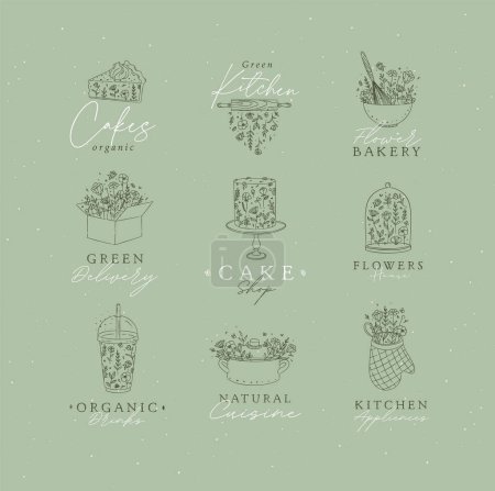 Téléchargez les illustrations : Sweets cooking appliances labels with flowers and lettering in hand drawing style on green background - en licence libre de droit