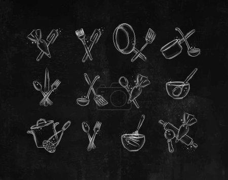 Téléchargez les illustrations : Kitchen appliances to prepare food and bakery drawing in graphic style on black background - en licence libre de droit