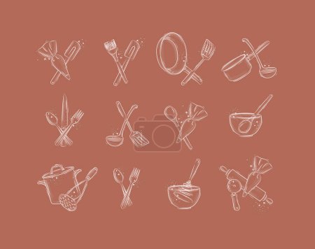 Téléchargez les illustrations : Appareils de cuisine pour préparer les aliments et le dessin de boulangerie dans un style graphique sur fond de corail - en licence libre de droit