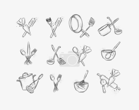 Téléchargez les illustrations : Kitchen appliances to prepare food and bakery drawing in graphic style on grey background - en licence libre de droit