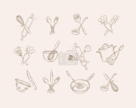 Téléchargez les illustrations : Kitchen stuff to prepare food and bakery drawing in graphic style on beige background - en licence libre de droit