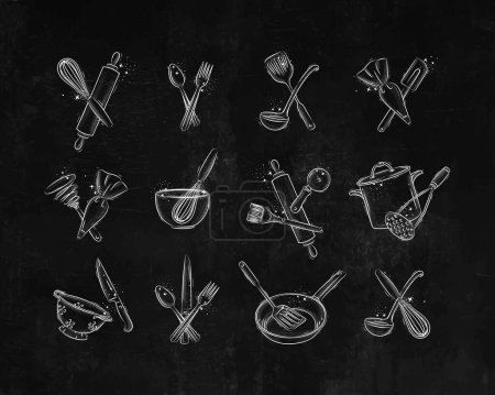 Téléchargez les illustrations : Kitchen stuff to prepare food and bakery drawing in graphic style on black background - en licence libre de droit