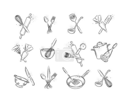 Téléchargez les illustrations : Kitchen stuff to prepare food and bakery drawing in graphic style on grey background - en licence libre de droit