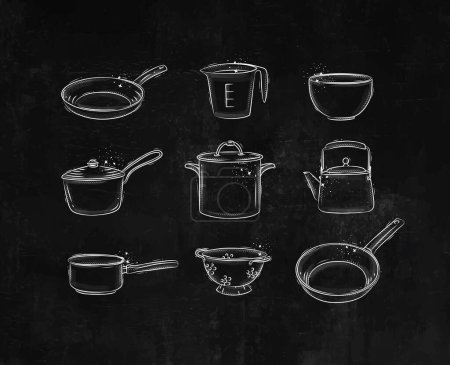 Téléchargez les illustrations : Appliences de cuisine pour la cuisine quotidienne dessin dans un style graphique sur fond noir - en licence libre de droit