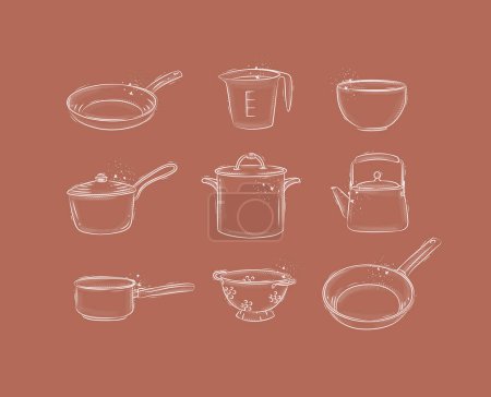 Illustration for Kitchen appliences for everyday cooking drawing in graphic style on coral background - Royalty Free Image